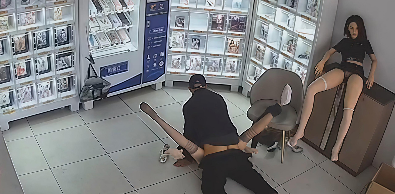 无人情趣用品店监控偷拍 大爷买充气娃娃现场验货 体验不好能不能退货